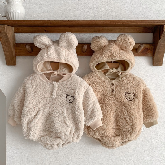 Fuzzy Bear Romper and Bonnet Set