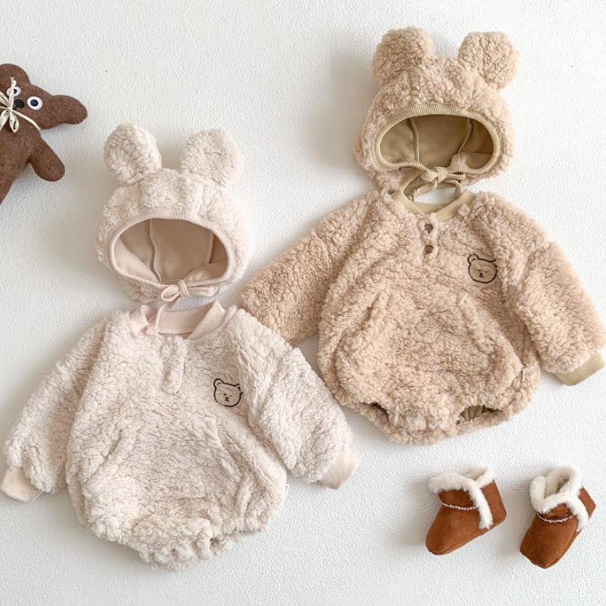 Fuzzy Bear Romper and Bonnet Set