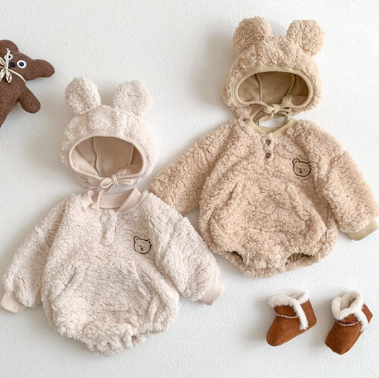 Fuzzy Bear Romper and Bonnet Set