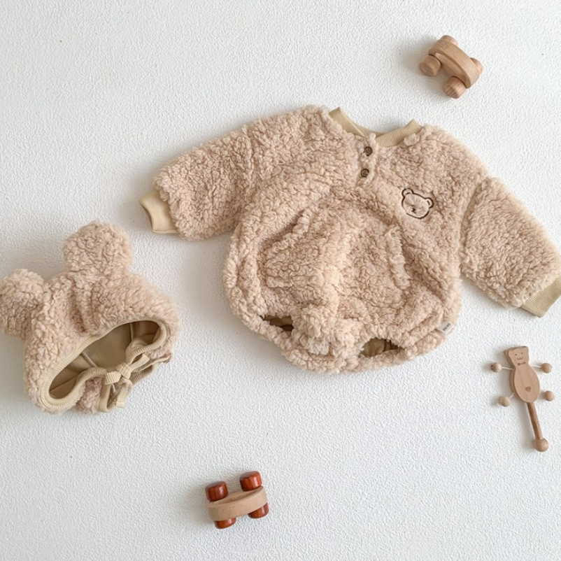 Fuzzy Bear Romper and Bonnet Set