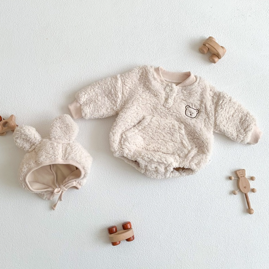 Fuzzy Bear Romper and Bonnet Set