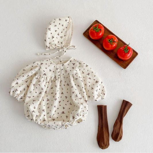 Flower Corduroy Romper and Bonnet Set