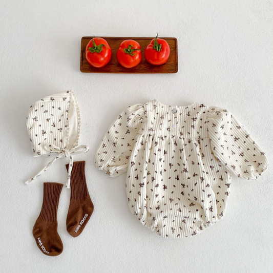 Flower Corduroy Romper and Bonnet Set