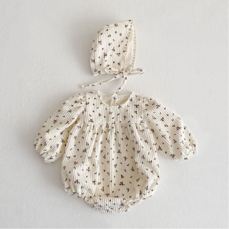 Flower Corduroy Romper and Bonnet Set