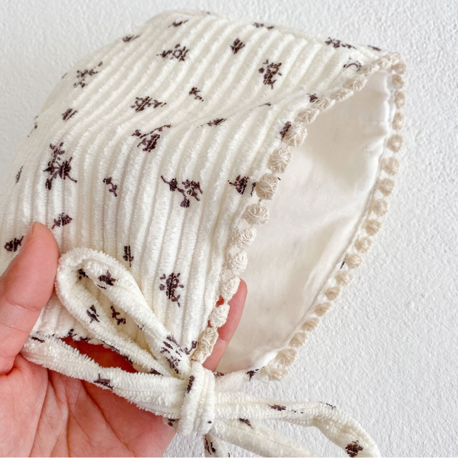 Flower Corduroy Romper and Bonnet Set