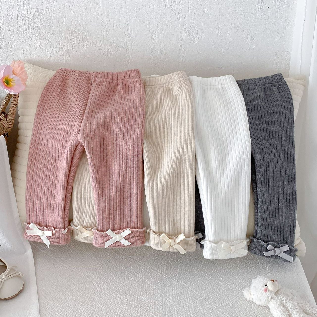 Ruffle Bow-Tie Ribbed Fleece Leggings (4 Colors)