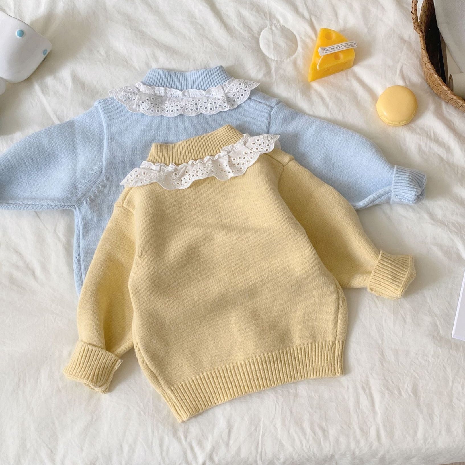 Lace Collar Knit Cardigan & Ruffle Pants Set