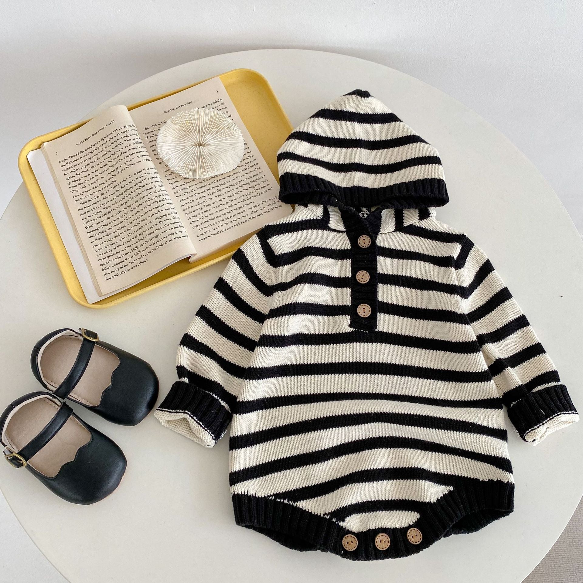 Black Stripes Hooded Knit Romper