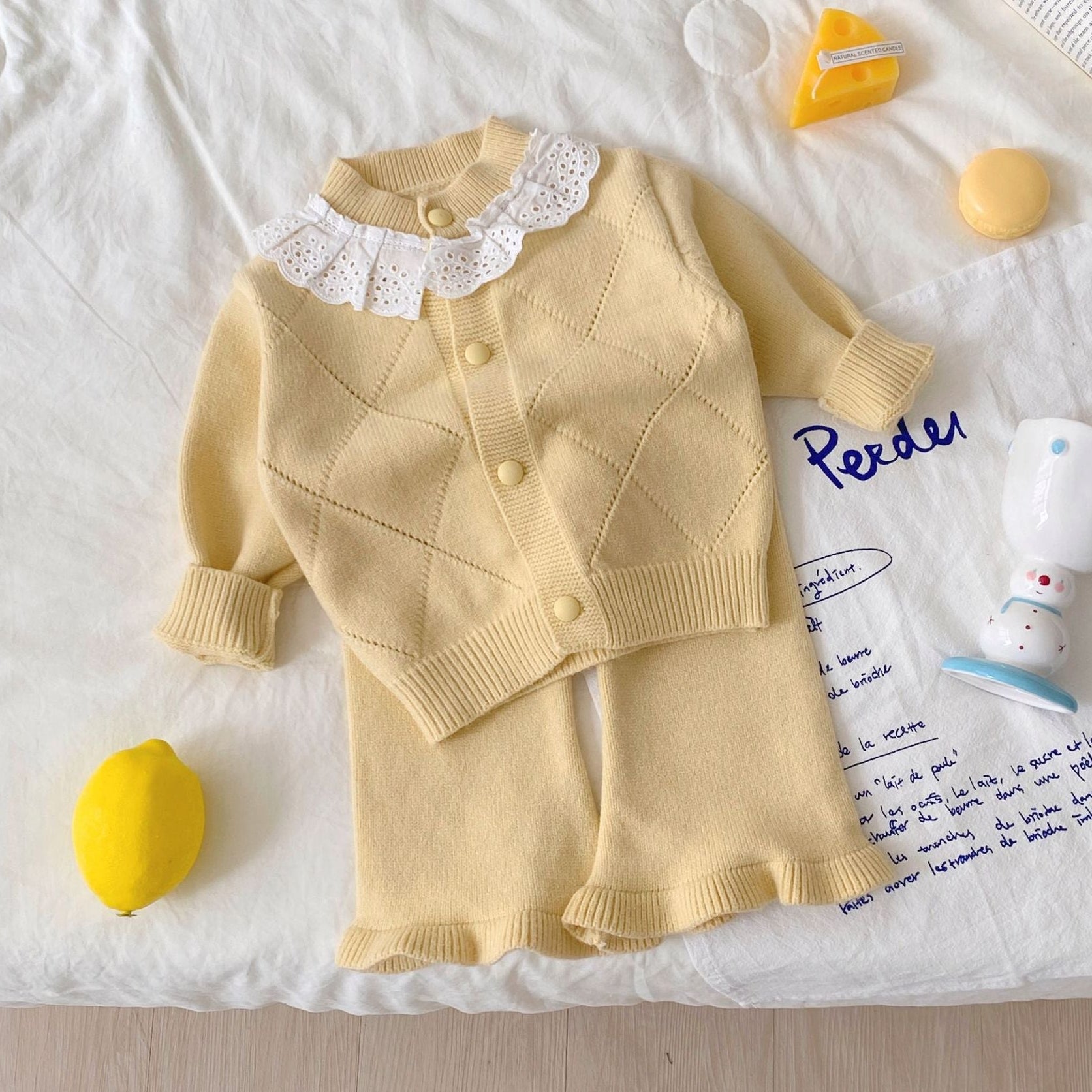 Lace Collar Knit Cardigan & Ruffle Pants Set