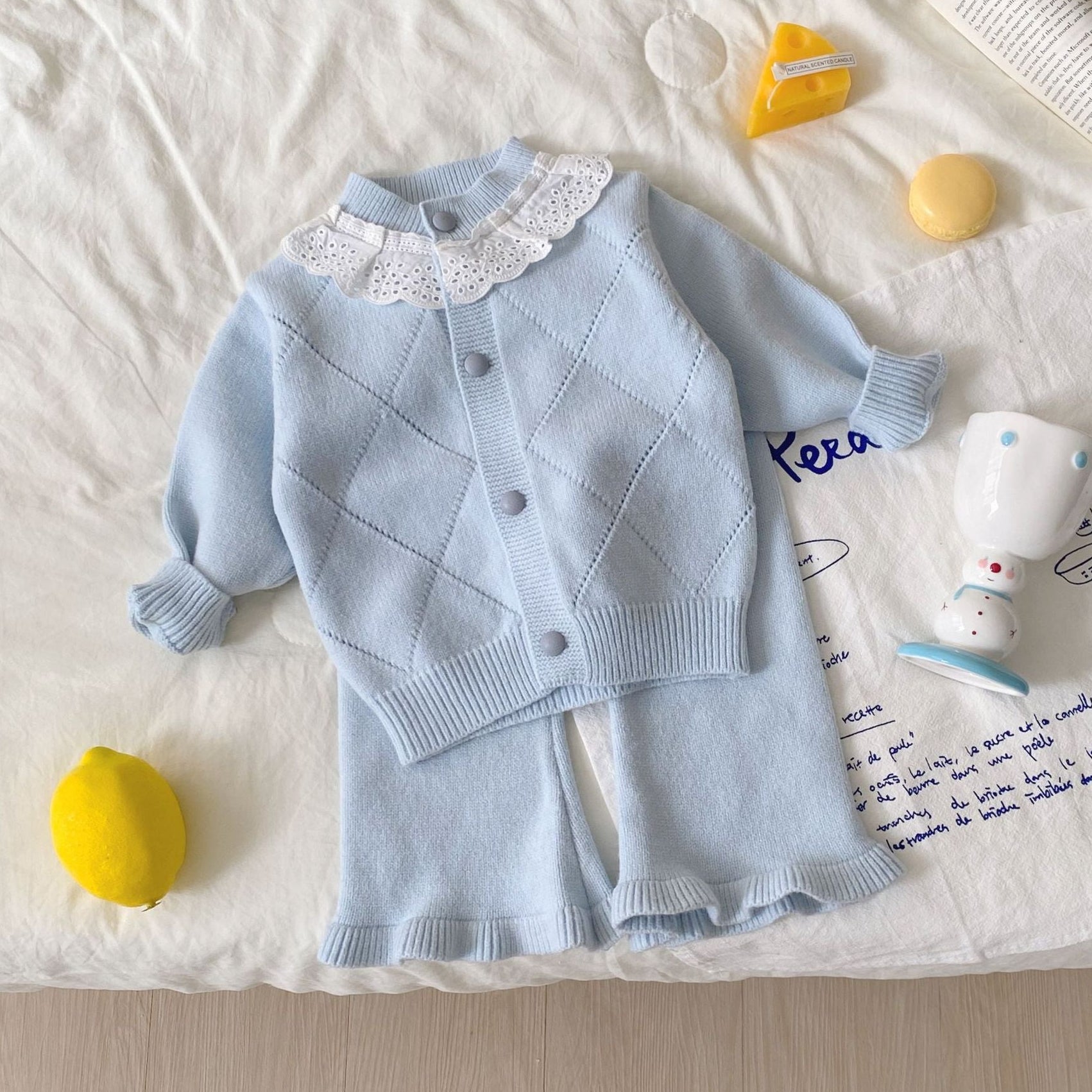 Lace Collar Knit Cardigan & Ruffle Pants Set