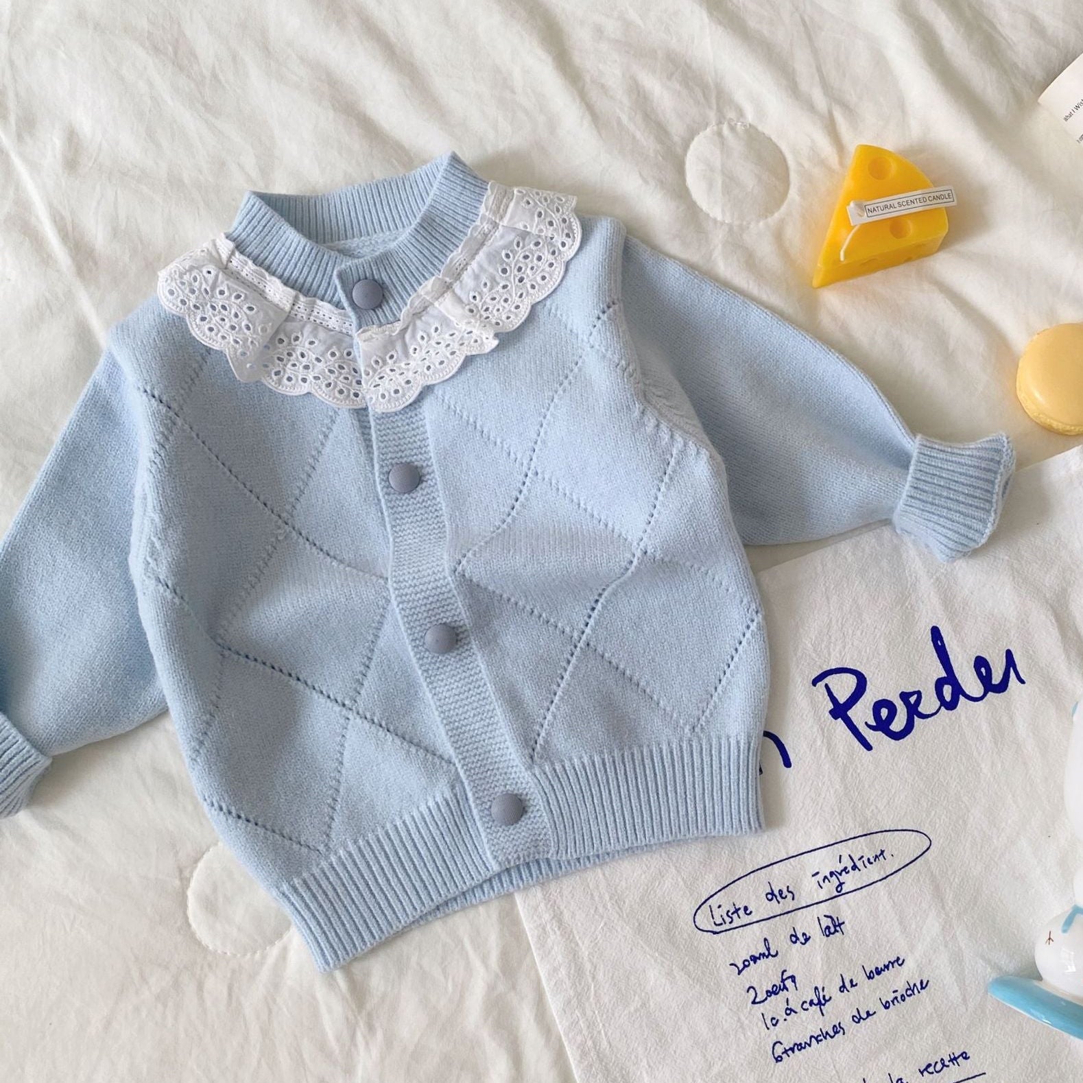 Lace Collar Knit Cardigan & Ruffle Pants Set