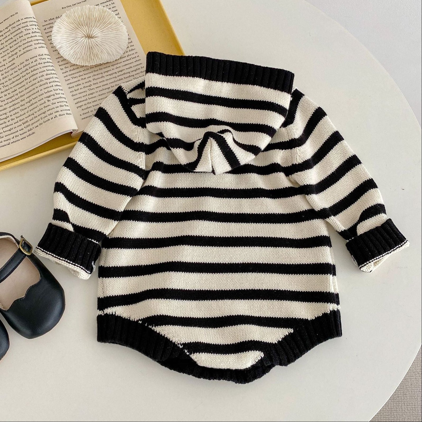 Black Stripes Hooded Knit Romper