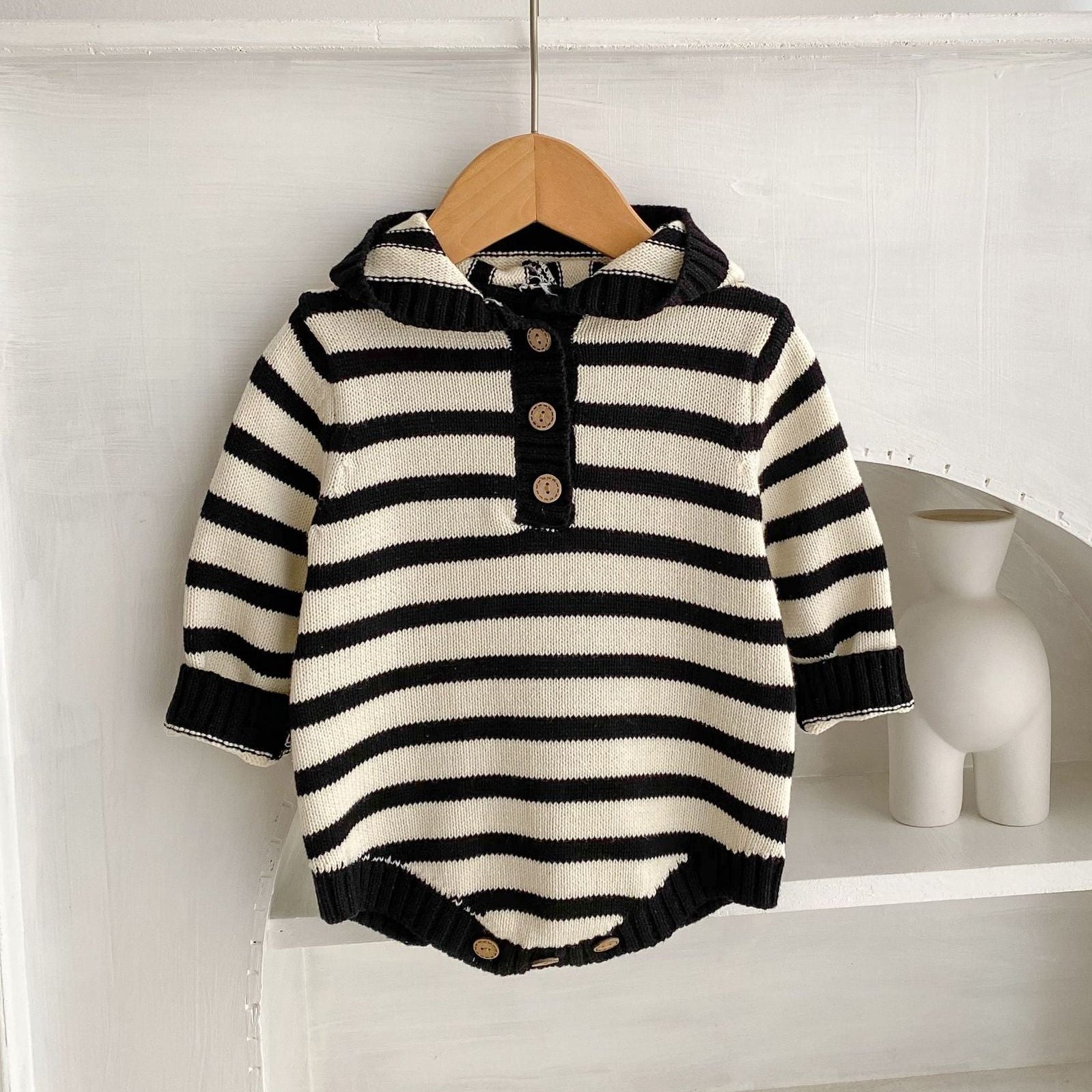 Black Stripes Hooded Knit Romper