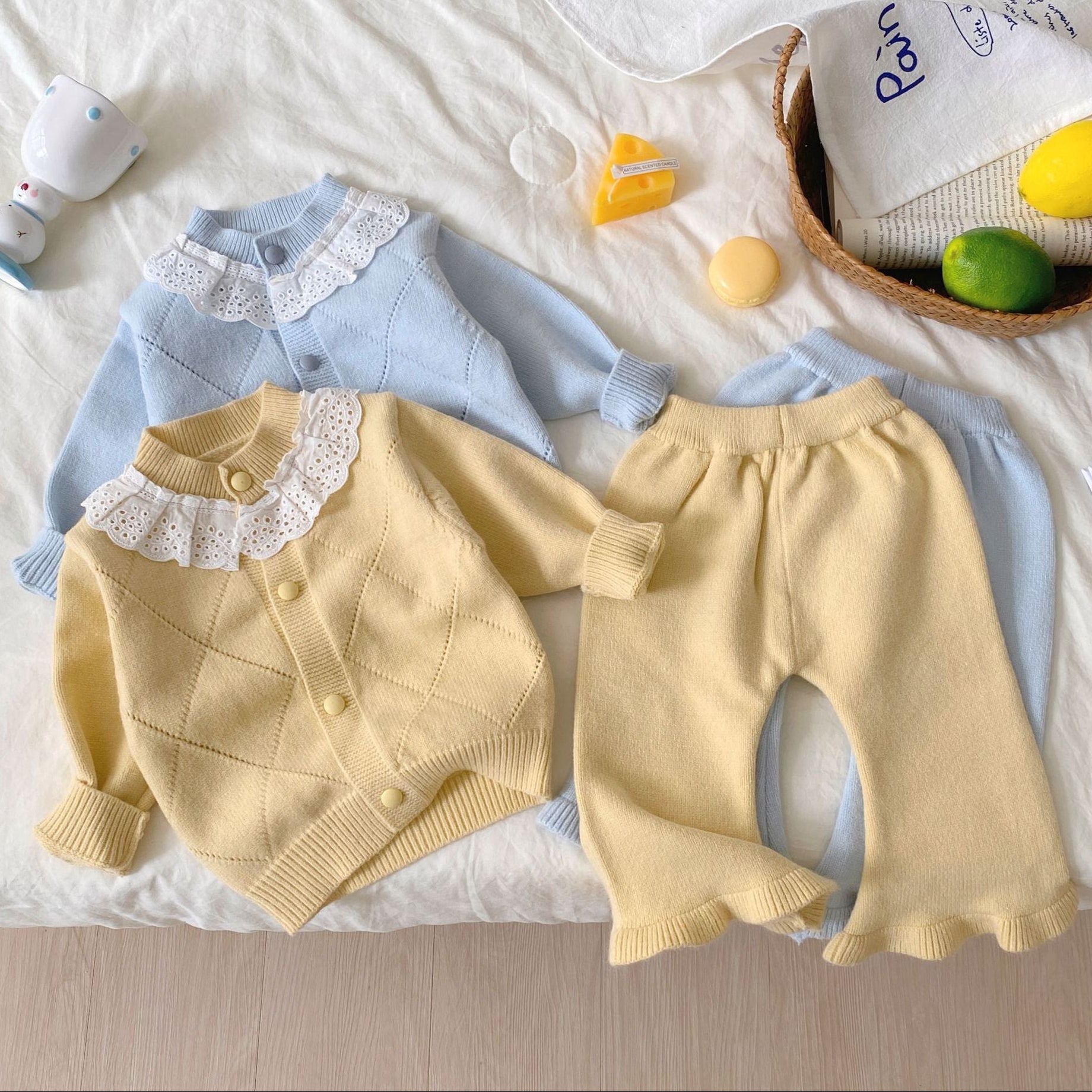 Lace Collar Knit Cardigan & Ruffle Pants Set