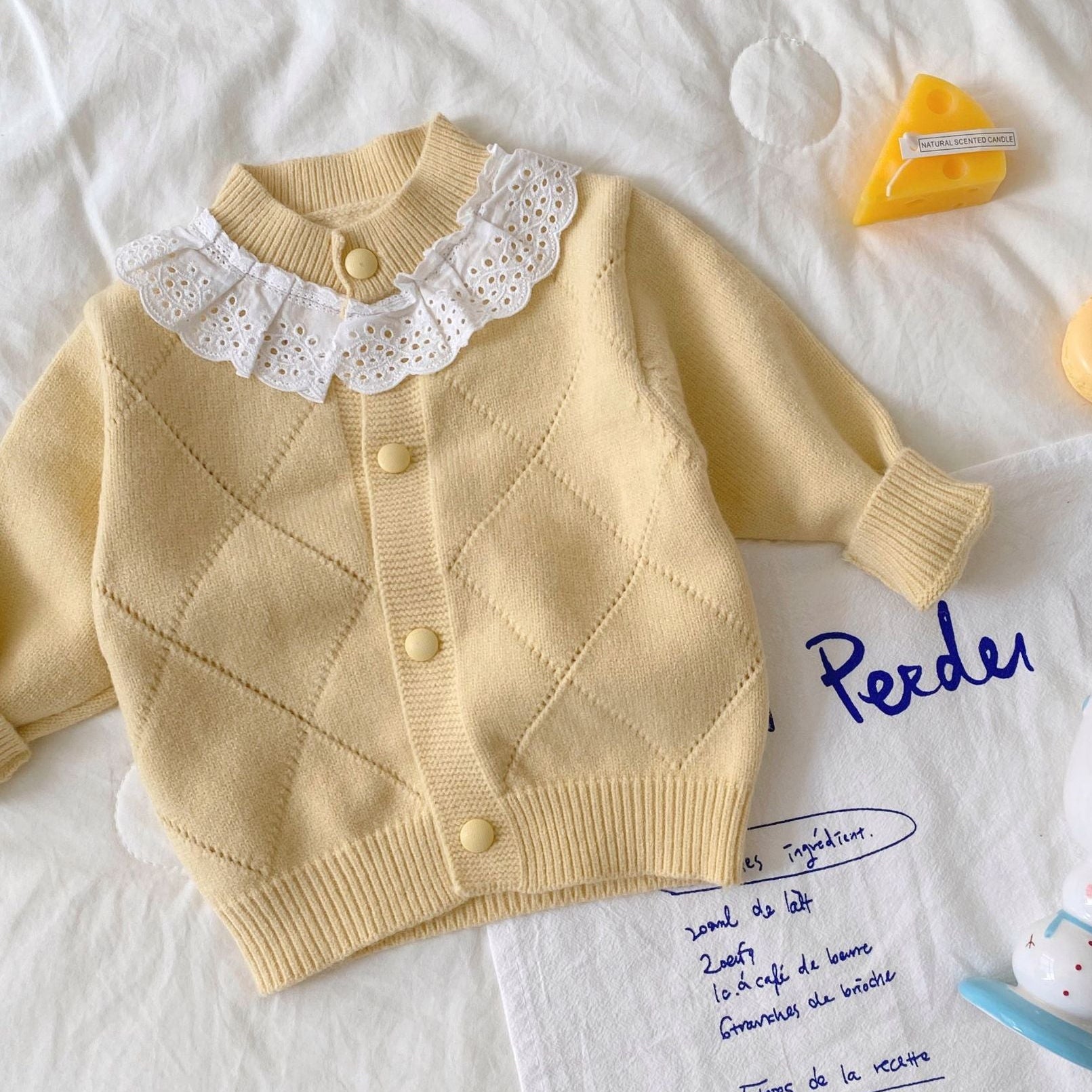 Lace Collar Knit Cardigan & Ruffle Pants Set