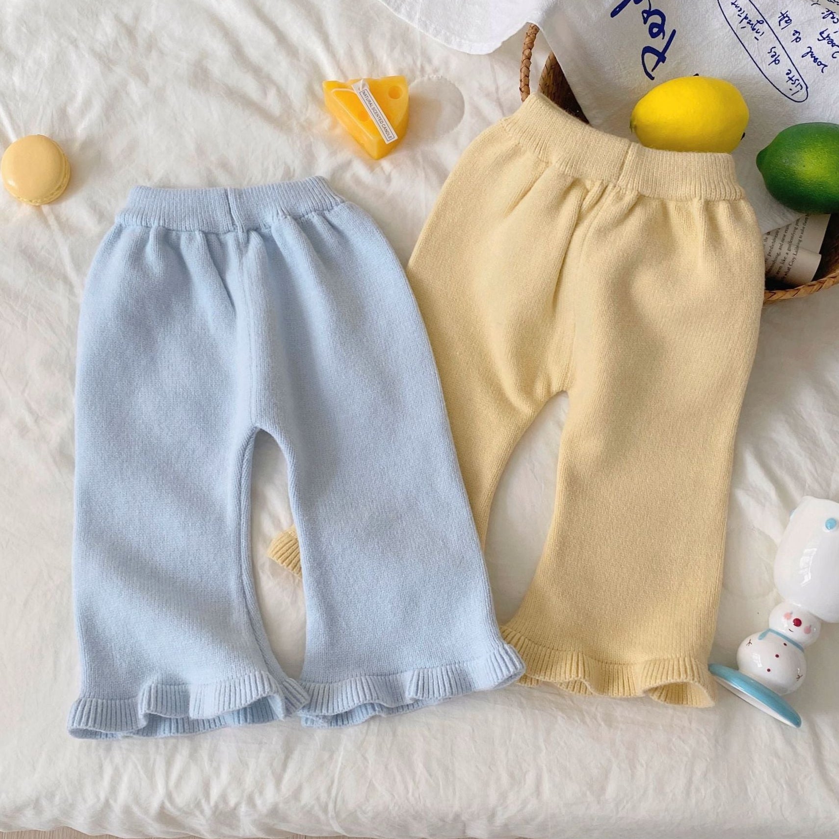 Lace Collar Knit Cardigan & Ruffle Pants Set