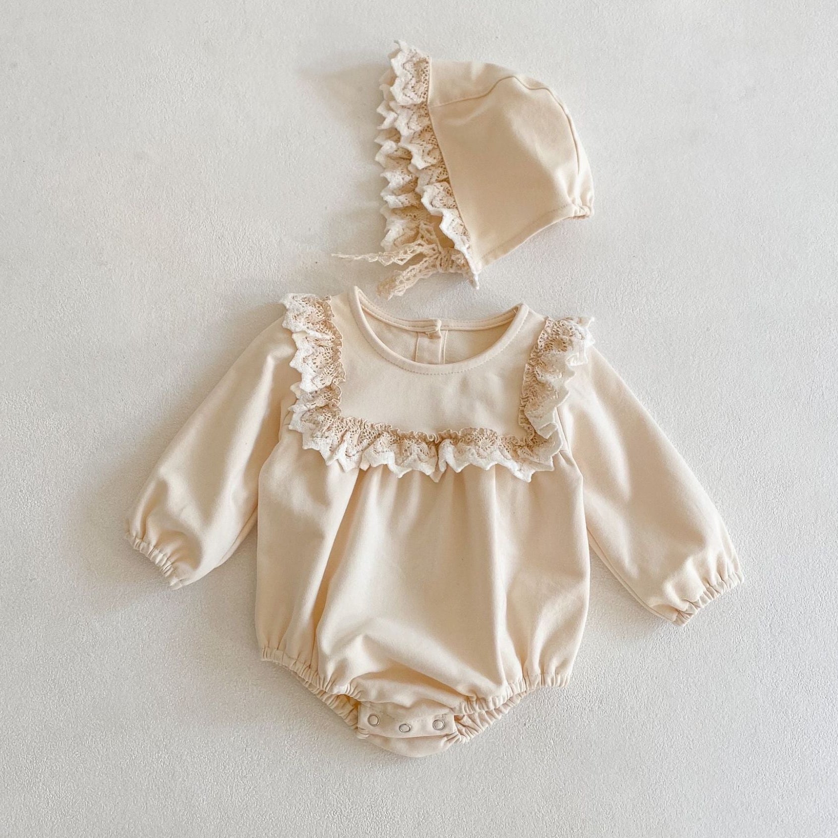 Lace Frill Bonnet Romper Set