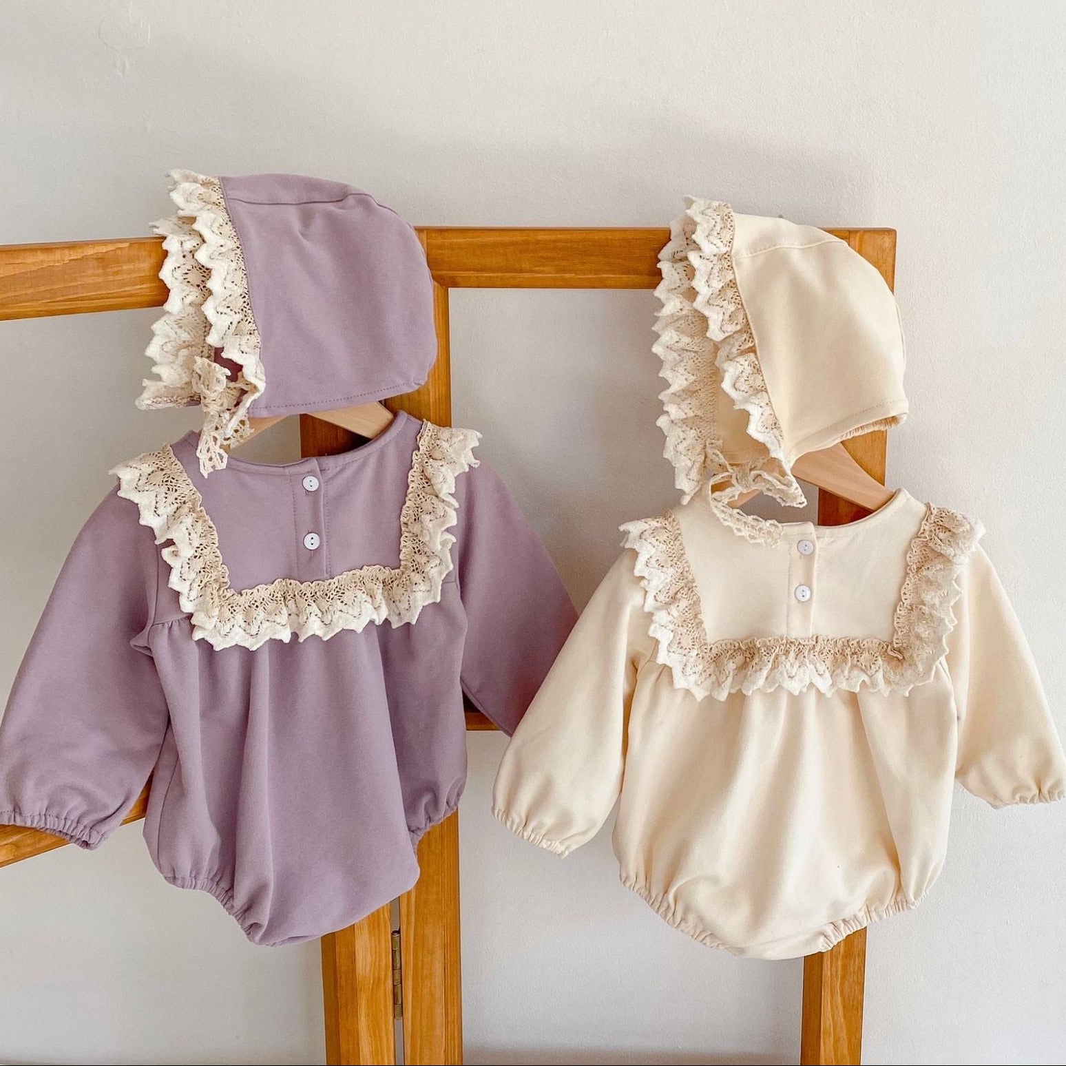 Lace Frill Bonnet Romper Set