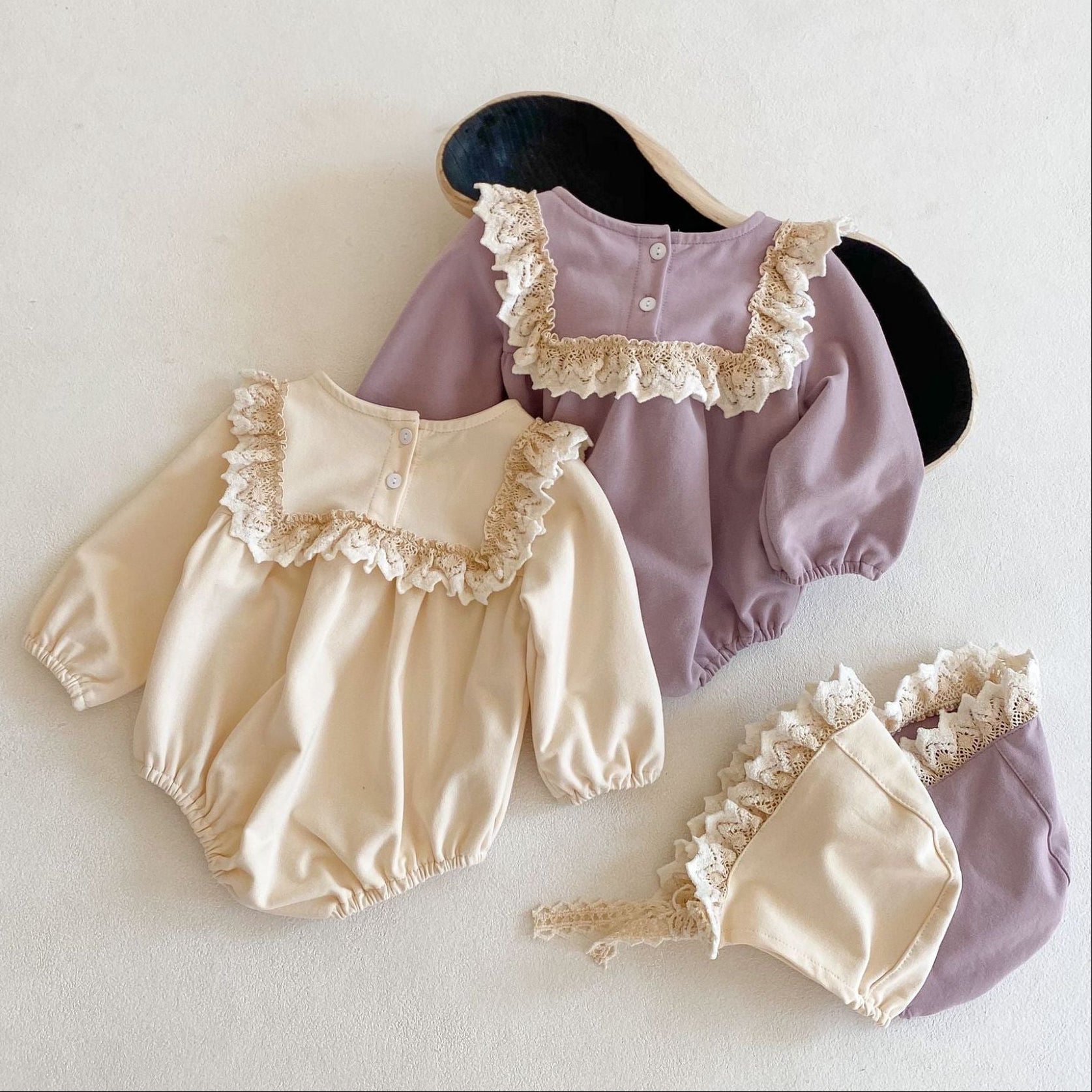 Lace Frill Bonnet Romper Set